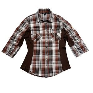 Goode Rider Womens Polo Shirt M Gray Print Short Sleeve Button -Down Brown
